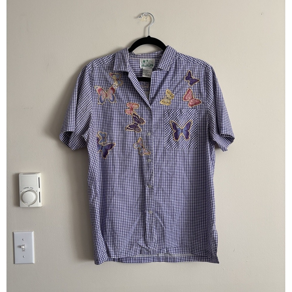Y2K 90s 2000s Quaker Factory Novelty Top Butterfly Gingham Cottage Medium Purple